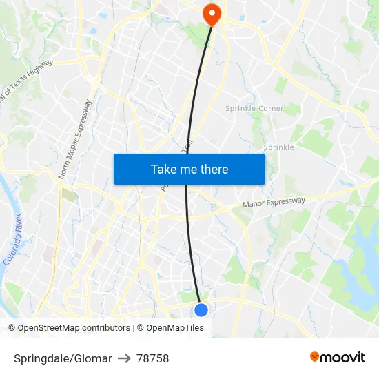 Springdale/Glomar to 78758 map
