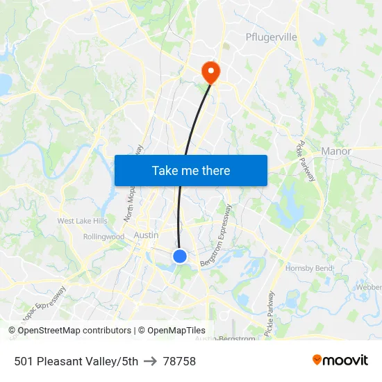 501 Pleasant Valley/5th to 78758 map