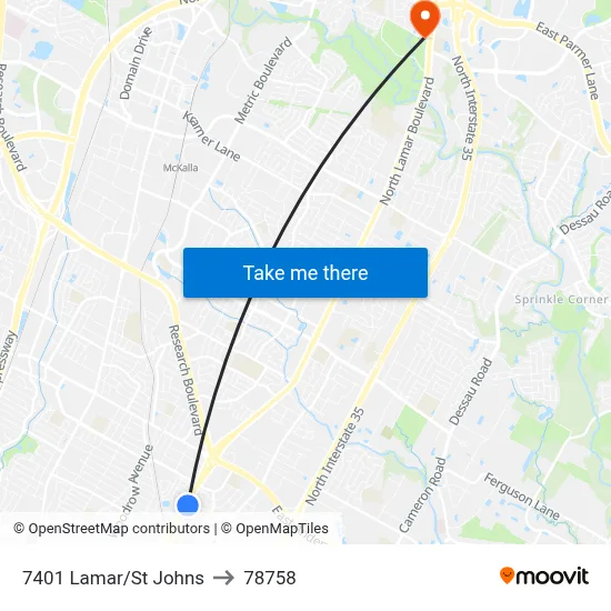 7401 Lamar/St Johns to 78758 map