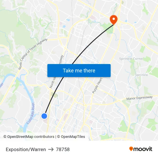 Exposition/Warren to 78758 map