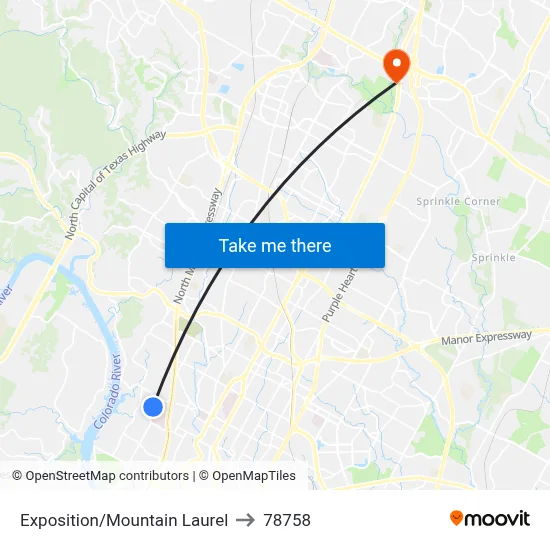 Exposition/Mountain Laurel to 78758 map