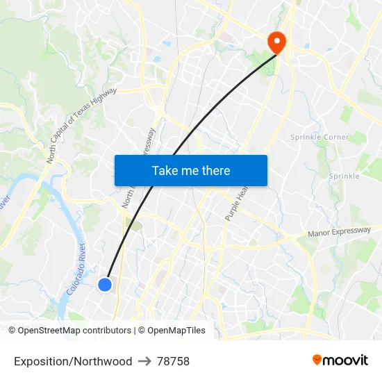 Exposition/Northwood to 78758 map