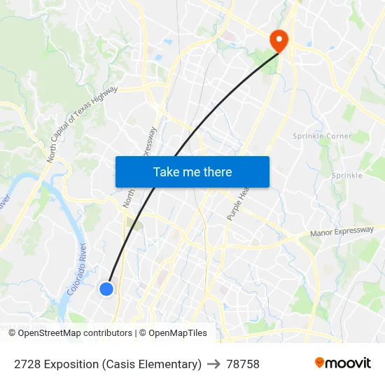 2728 Exposition (Casis Elementary) to 78758 map