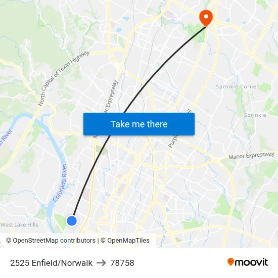 2525 Enfield/Norwalk to 78758 map