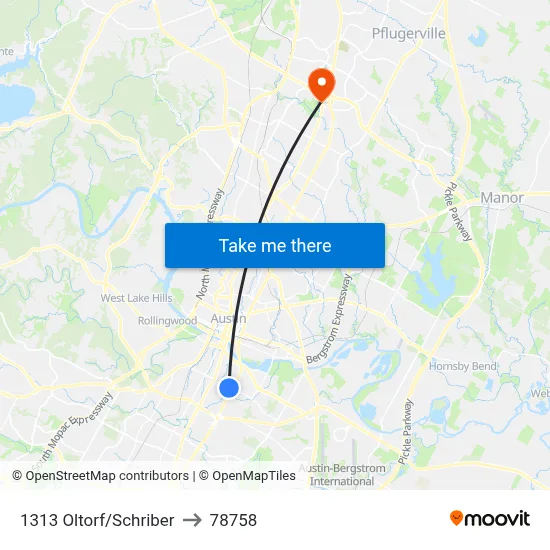 1313 Oltorf/Schriber to 78758 map