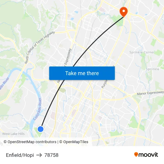 Enfield/Hopi to 78758 map