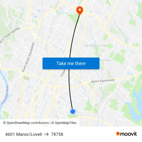 4601 Manor/Lovell to 78758 map