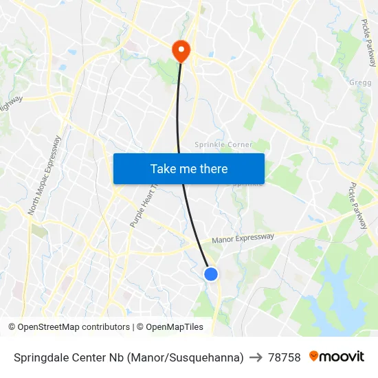 Springdale Center Nb (Manor/Susquehanna) to 78758 map