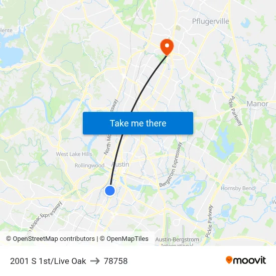 2001 S 1st/Live Oak to 78758 map
