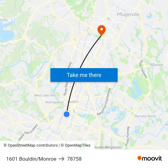 1601 Bouldin/Monroe to 78758 map