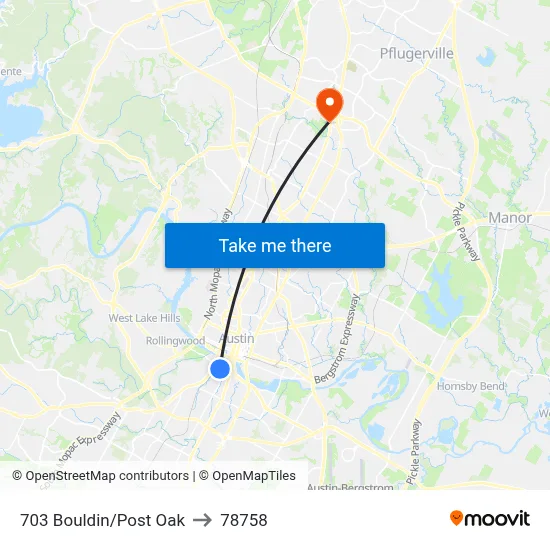 703 Bouldin/Post Oak to 78758 map