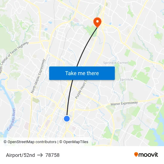 Airport/52nd to 78758 map