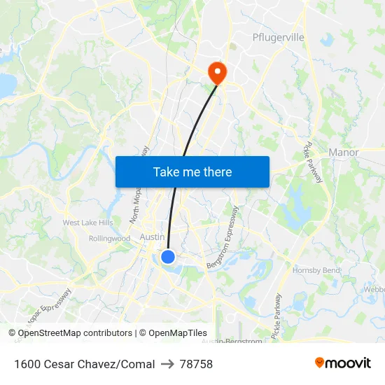 1600 Cesar Chavez/Comal to 78758 map