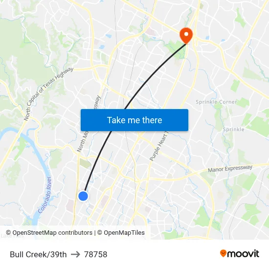 Bull Creek/39th to 78758 map