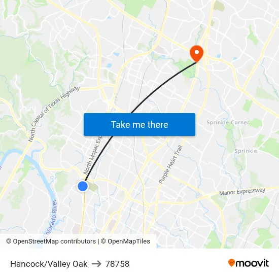 Hancock/Valley Oak to 78758 map