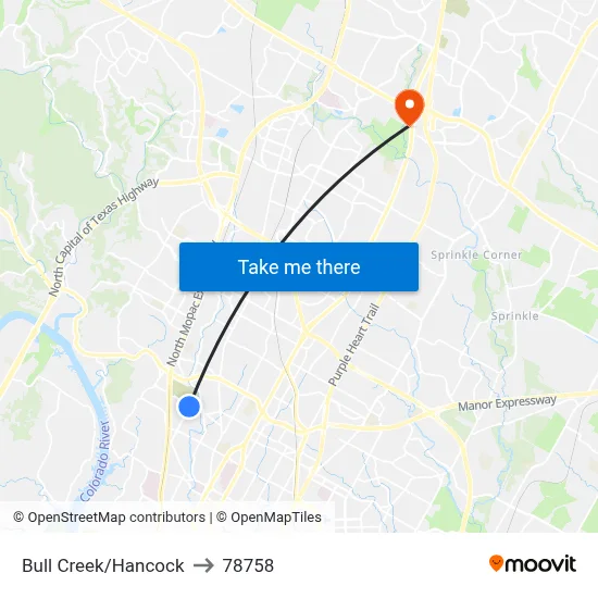 Bull Creek/Hancock to 78758 map