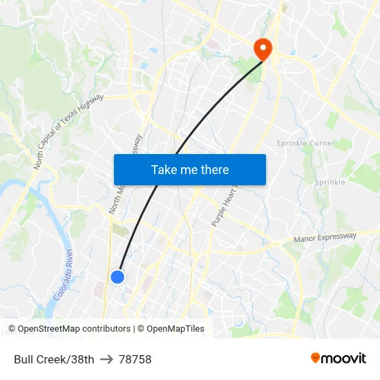 Bull Creek/38th to 78758 map