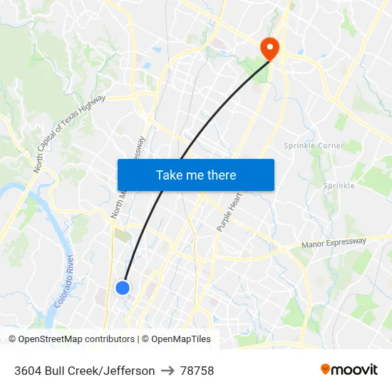 3604 Bull Creek/Jefferson to 78758 map