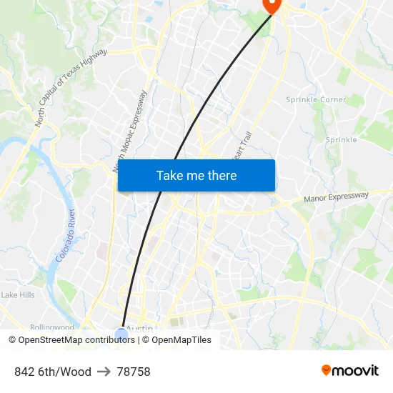 842 6th/Wood to 78758 map