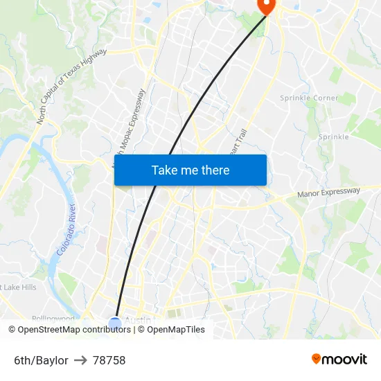 6th/Baylor to 78758 map