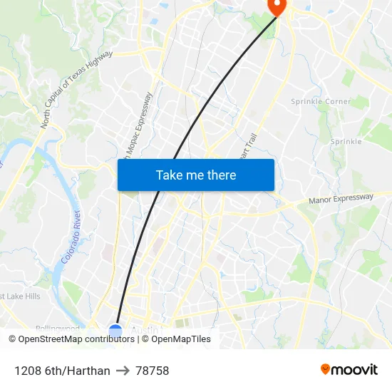 1208 6th/Harthan to 78758 map