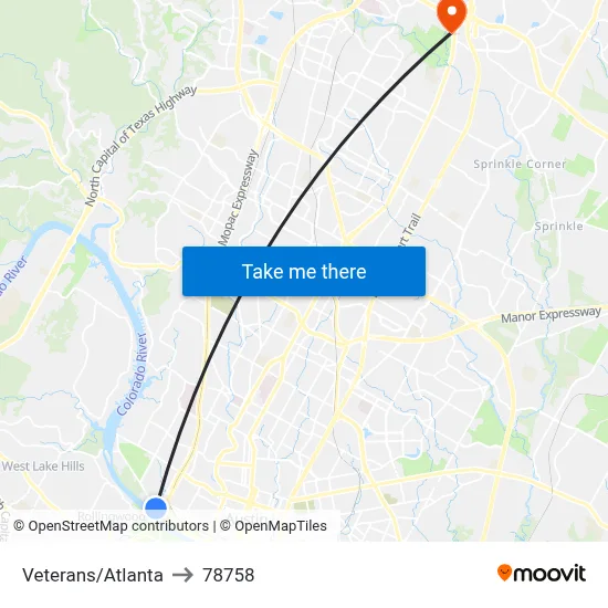 Veterans/Atlanta to 78758 map