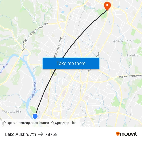 Lake Austin/7th to 78758 map