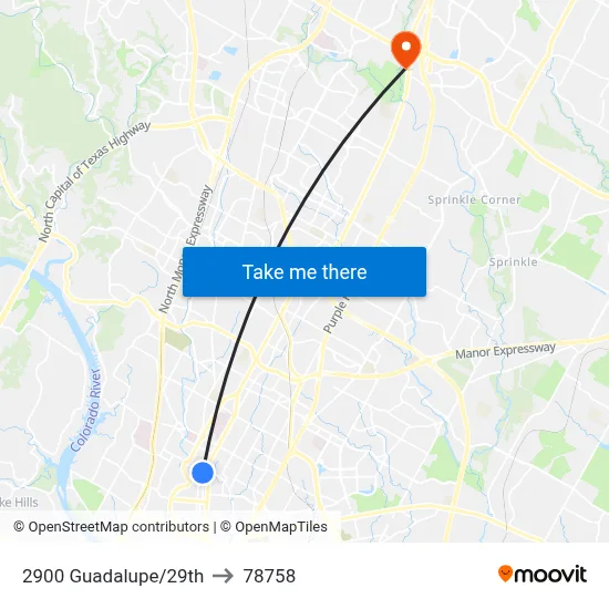 2900 Guadalupe/29th to 78758 map