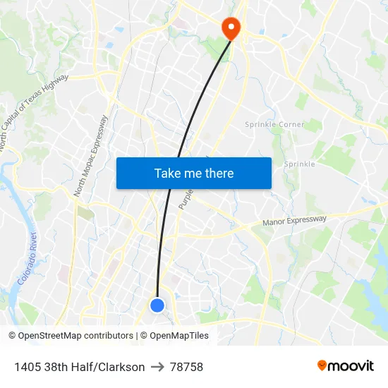 1405 38th Half/Clarkson to 78758 map