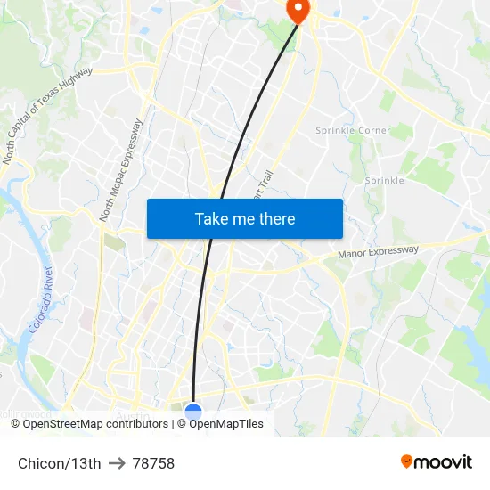 Chicon/13th to 78758 map