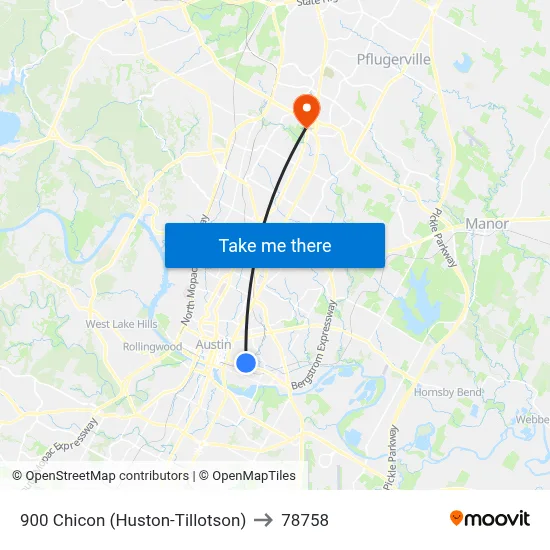 900 Chicon (Huston-Tillotson) to 78758 map