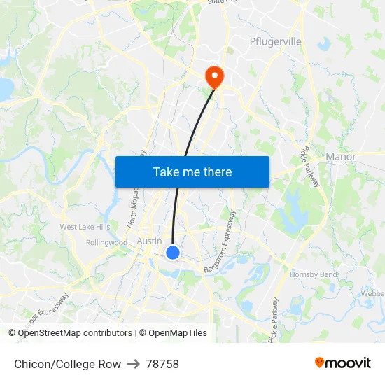 Chicon/College Row to 78758 map