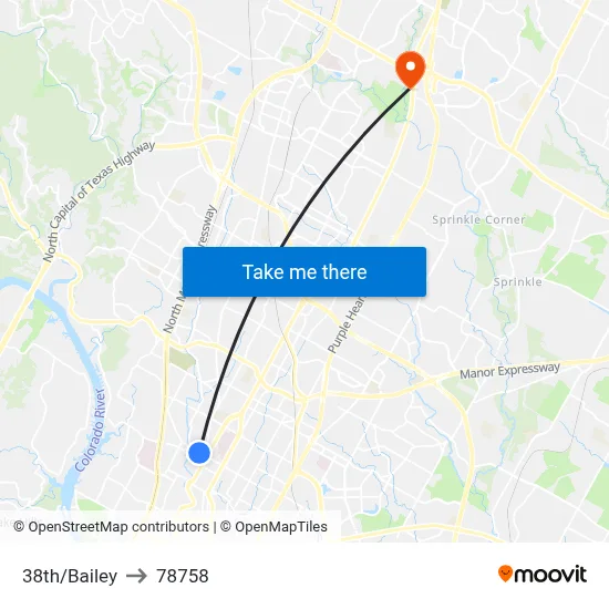 38th/Bailey to 78758 map