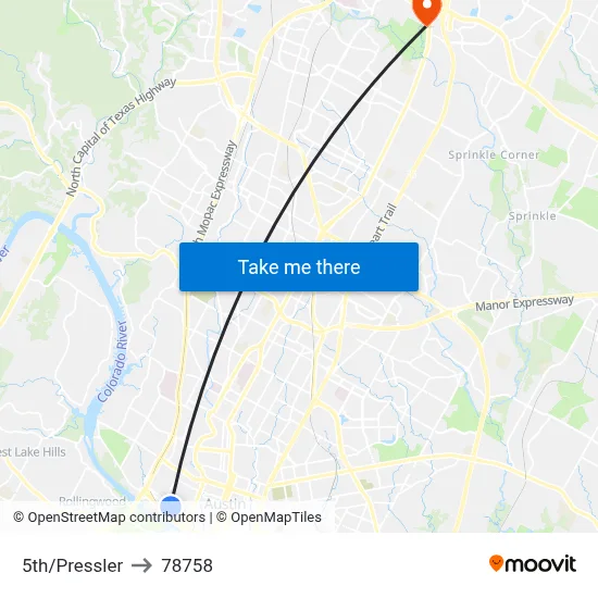 5th/Pressler to 78758 map
