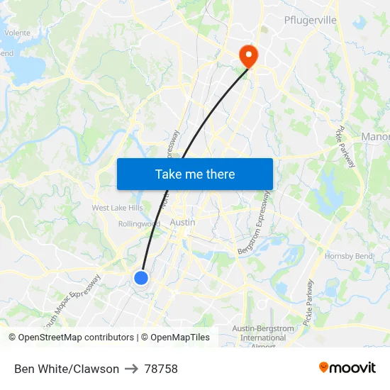 Ben White/Clawson to 78758 map