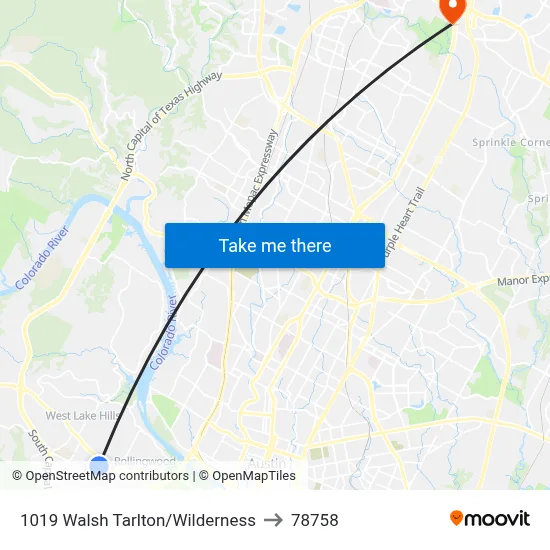 1019 Walsh Tarlton/Wilderness to 78758 map