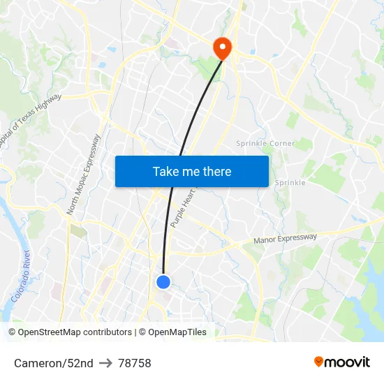 Cameron/52nd to 78758 map