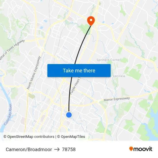 Cameron/Broadmoor to 78758 map