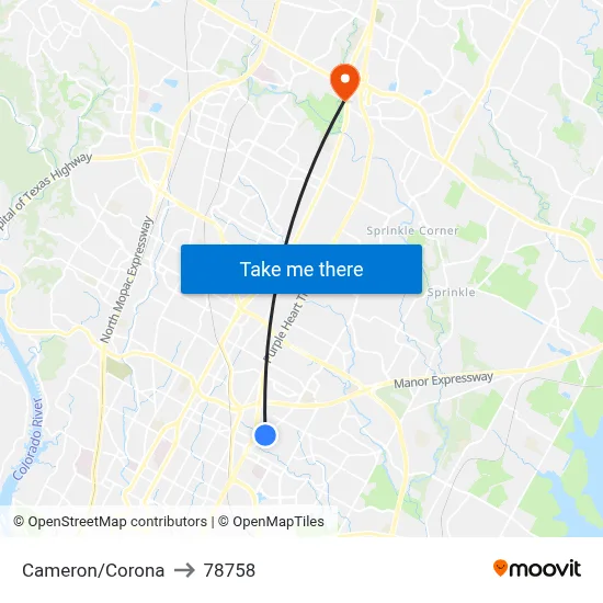 Cameron/Corona to 78758 map