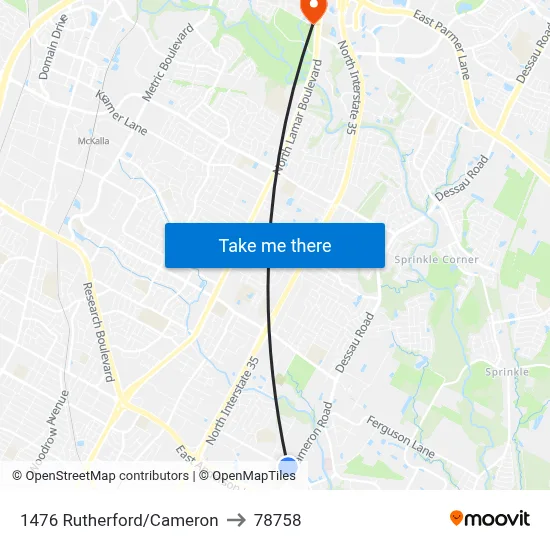 1476 Rutherford/Cameron to 78758 map