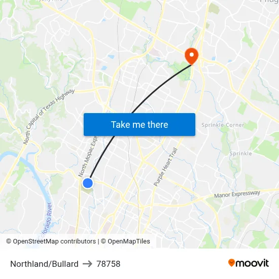 Northland/Bullard to 78758 map