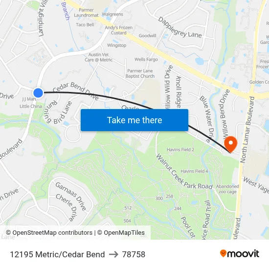 12195 Metric/Cedar Bend to 78758 map