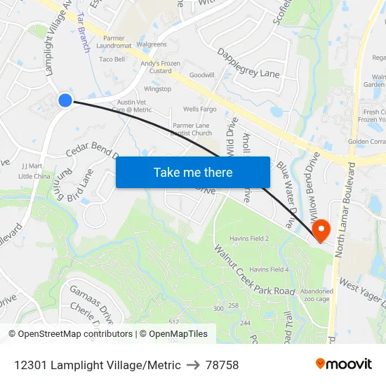 12301 Lamplight Village/Metric to 78758 map