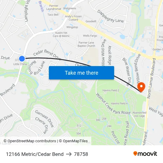 12166 Metric/Cedar Bend to 78758 map