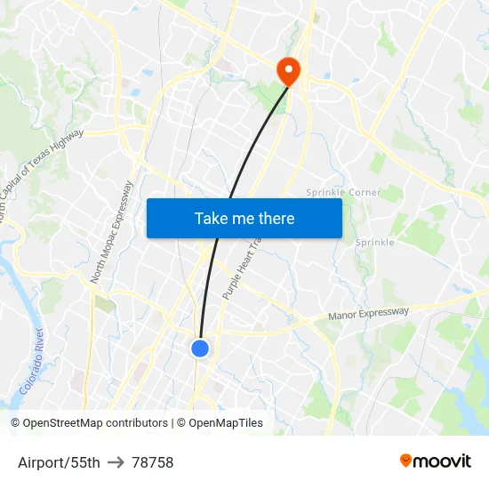 Airport/55th to 78758 map