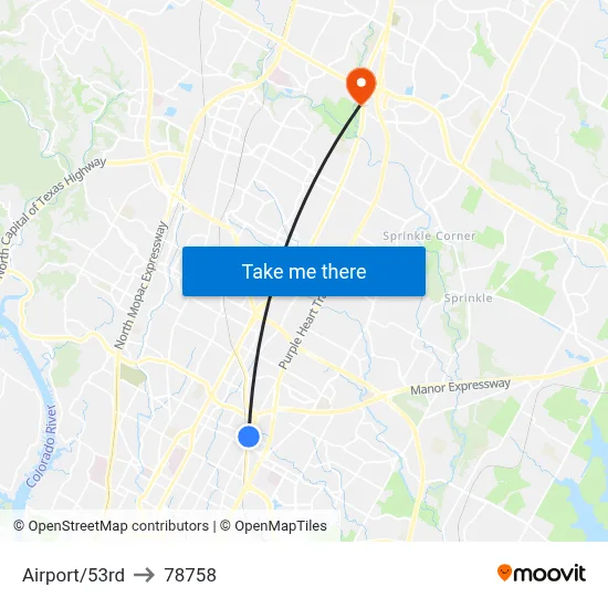 Airport/53rd to 78758 map