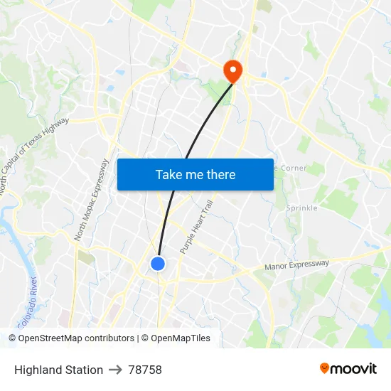 Highland Station to 78758 map