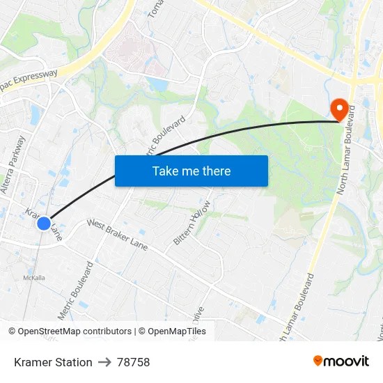 Kramer Station to 78758 map
