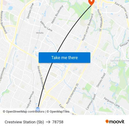Crestview Station (Sb) to 78758 map