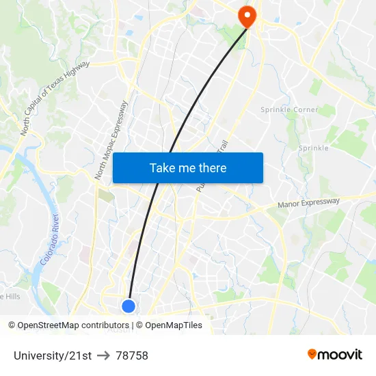 University/21st to 78758 map